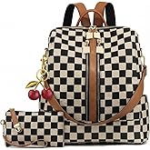 Lushandy Checkered Backpack Purse for Women, Brown Canvas Backpack Purse with Wallet Cherry Mom Everyday Backpacks for Work