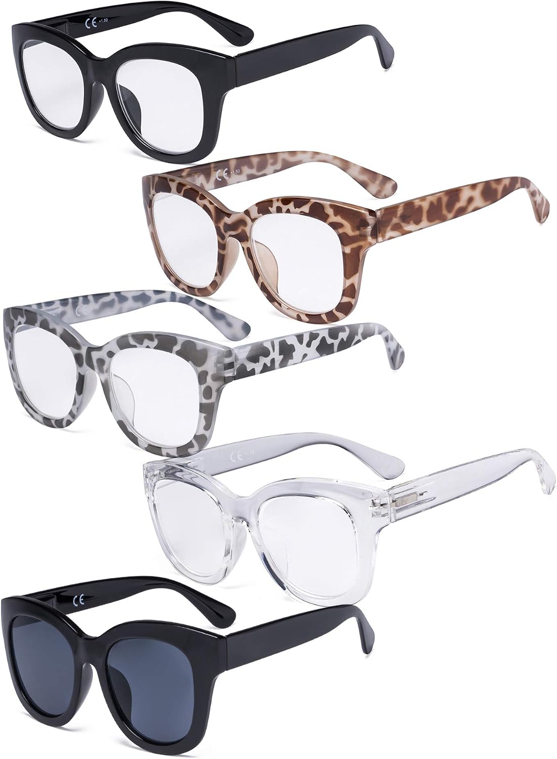 Eyekeeper Oversized Reading Glasses - Retro Readers for Women Reading +1.00, 5 Pair Mix