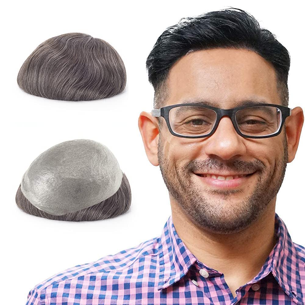 Lordhair Toupee for Men with 100% European human hair 8x10 inch Hairpiece for Men 0.06mm Super Thin Skin Hairsystem All V-looped Mens Toupee (Off Black 1B#+20% Grey Hair) — image 1