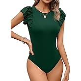 Missufe Women's Summer Ruffle Flutter Sleeve Ribbed Casual Bodysuit Tops