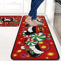 Christmas Kitchen Rugs Set of 2, Red Cartoon Mouse