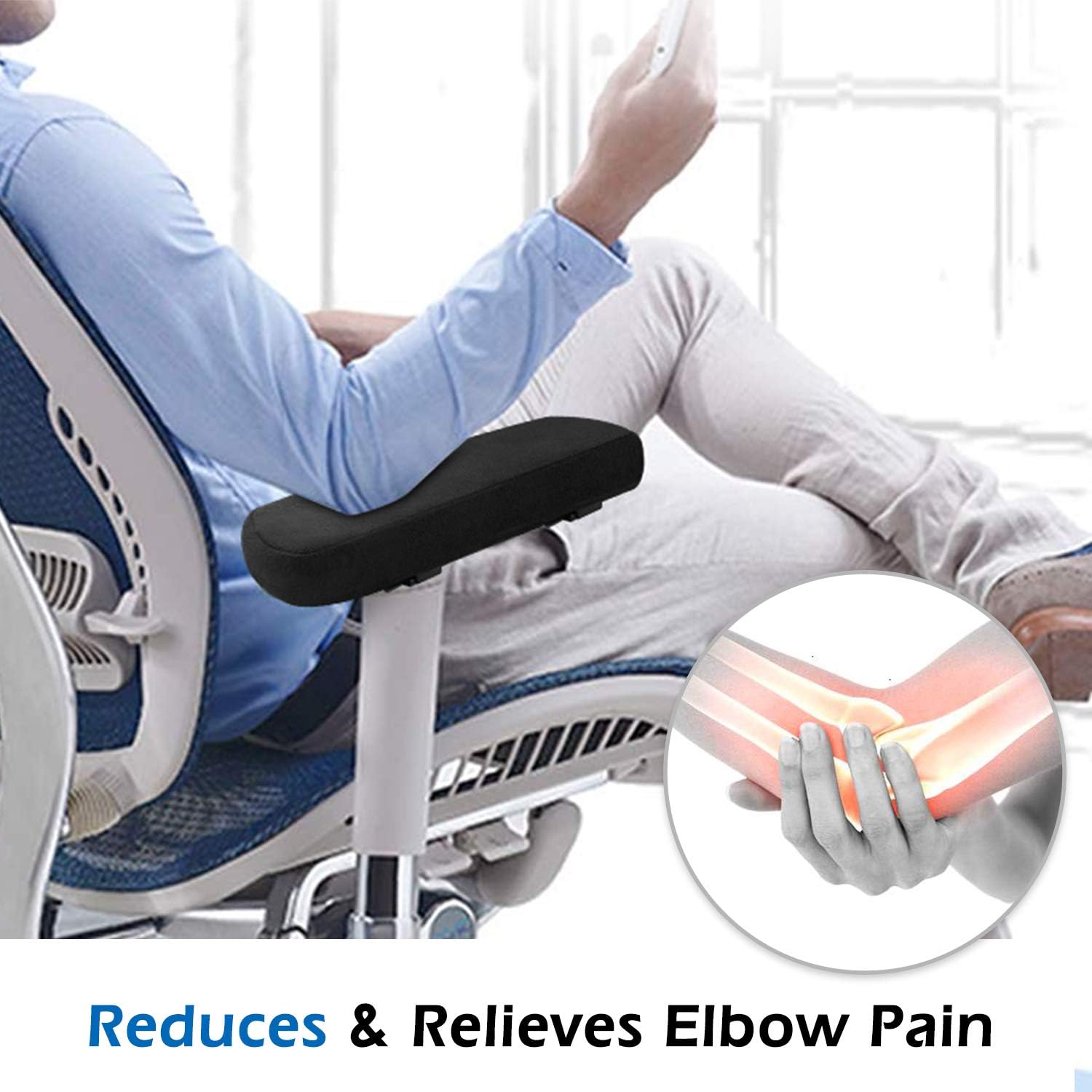 MoKo Office Chair Armrest Pads, Memory Foam Soft Elbow Pillow - Universal Chair Arm Covers for Elbows and Forearms Pressure Relief - Black(2 Pack)