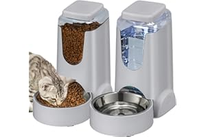 HWONMTE 2 Pack Automatic Cat Feeder and Water Dispenser with Stainless Steel Dog Bowl Gravity Self Feeding for Small Medium Pets Puppy Kitten 1 Gallon x 2 (Pink) (grey)