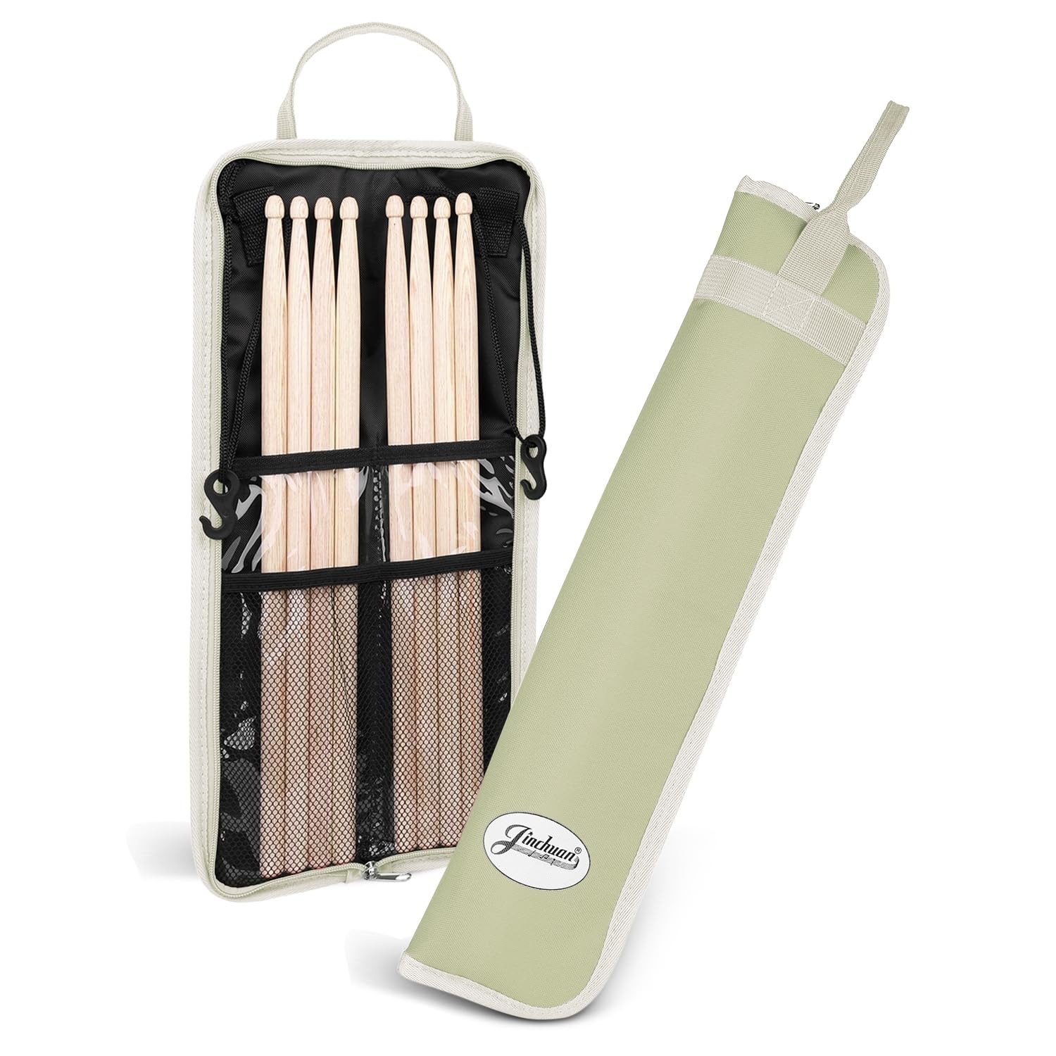 Flexzion Drum Stick Bag Percussion Music Drum Accessories Case with Hook, Card Holder, Adjustable Shoulder Strap Carrying Handle 4 Pairs Kid Drum Sticks Holder Water-Resistant Bag Fabric, Light Olive
