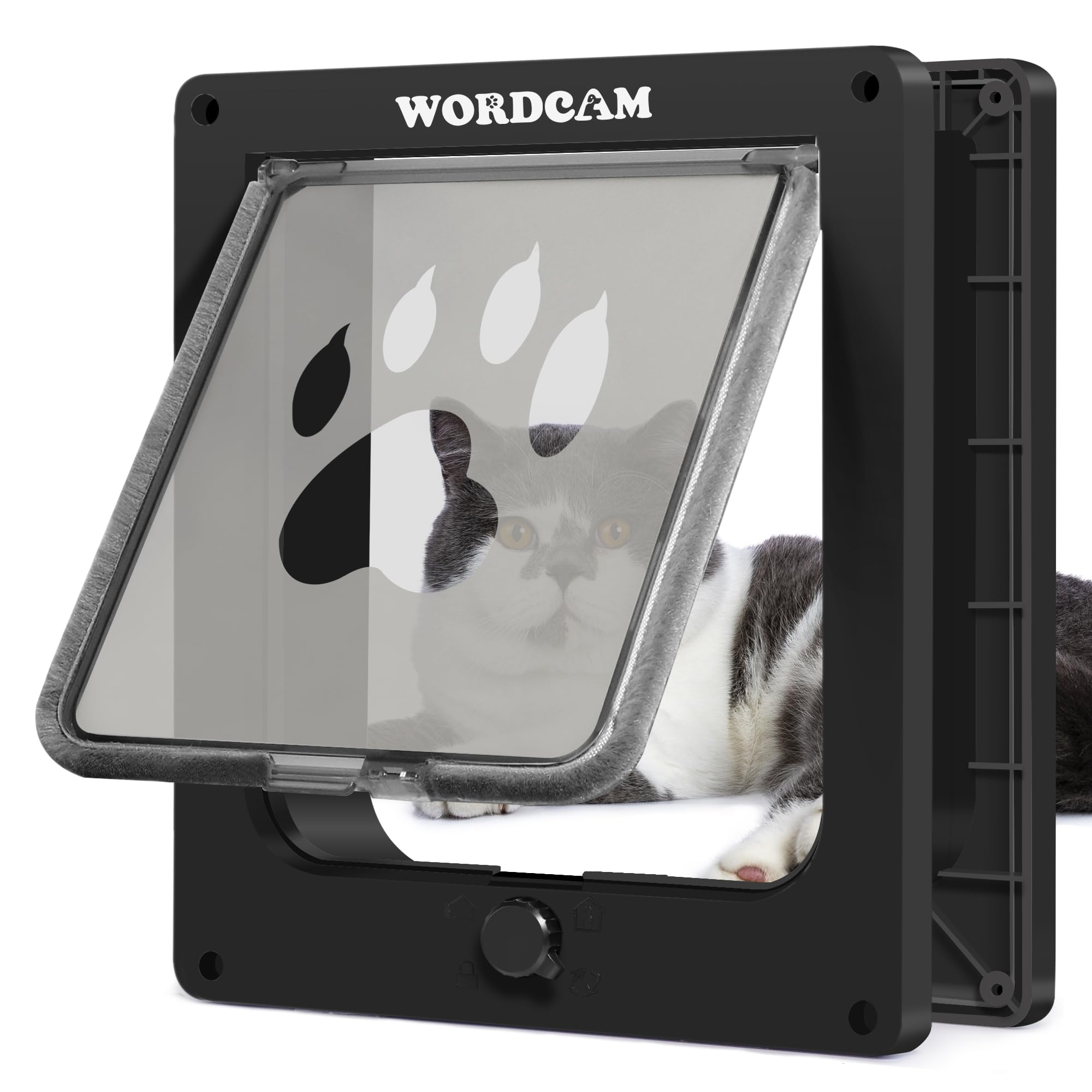Wordcam XL Cat Door Flap, Strong Cat Door for Indoor and Outdoor Doors, 4 Way Locking, Pet Door for up to 25 lbs Cats, Kittens, Dogs, Easy Installation, Weatherproof (Black)