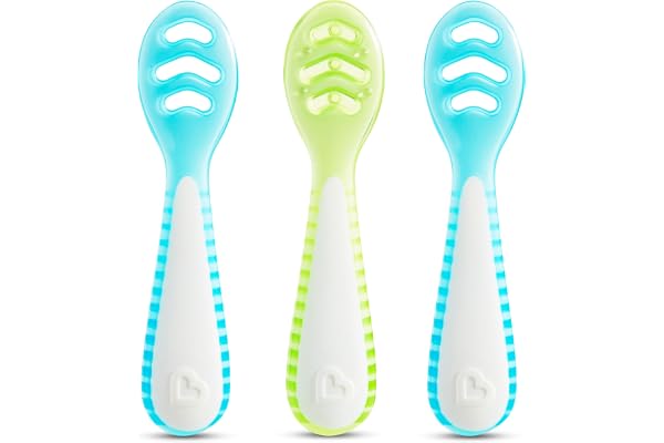 Munchkin Gentle Dip Baby Spoons for Self Feeding and Baby Led Weaning, 3 Pack, Blue/Green
