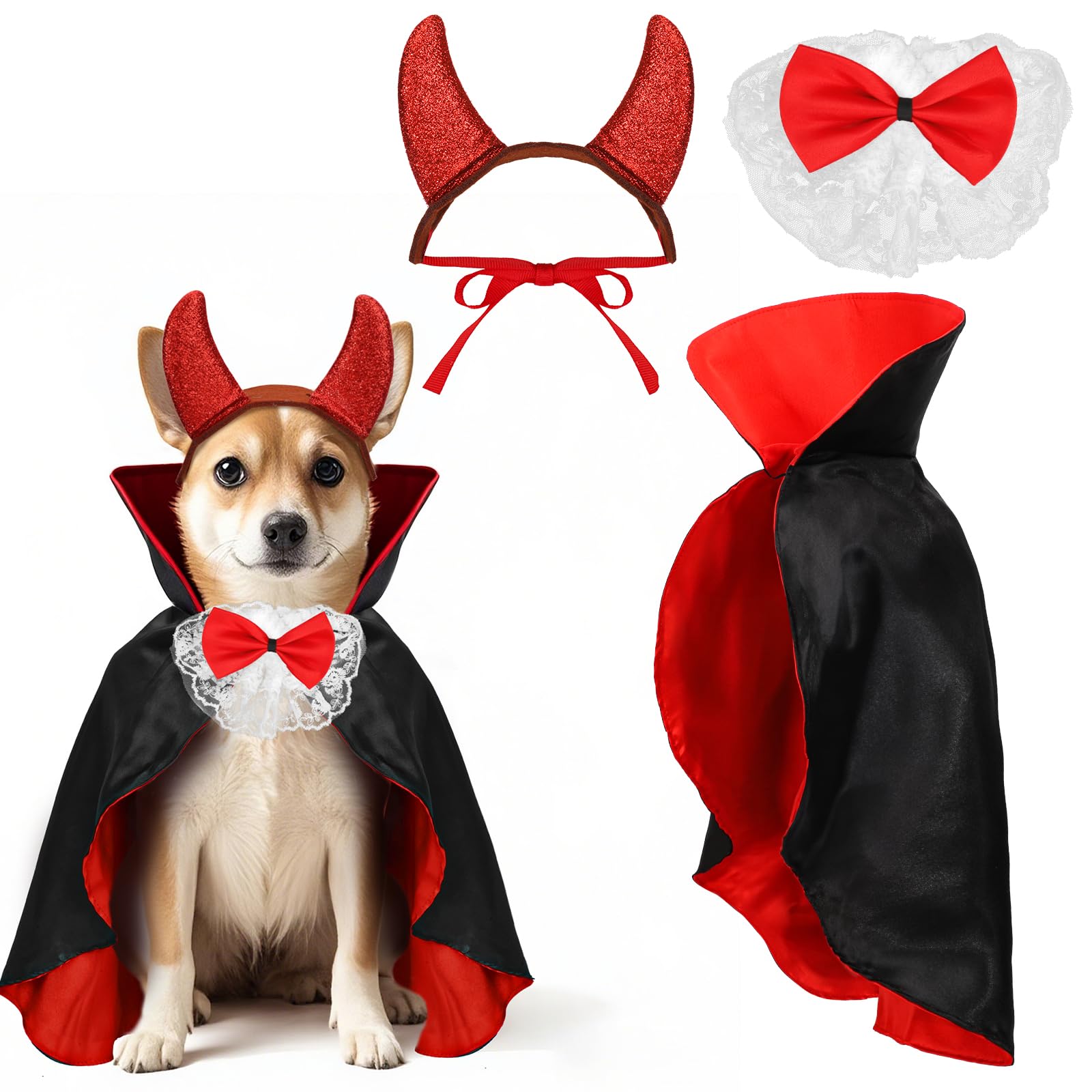 Photo 1 of 3pcs Dog Vampire Devil Costume, Dracula Dog Costume with Cape Headband Bow Tie for Small Medium Pets Halloween Party