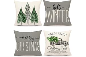 4TH Emotion Gray Christmas Pillow Covers 18x18 Set of 4 Farmhouse Christmas Decorations Merry Christmas Tree Truck Hello Winter Holiday Decor Throw Cushion Case for Home Couch S22C19