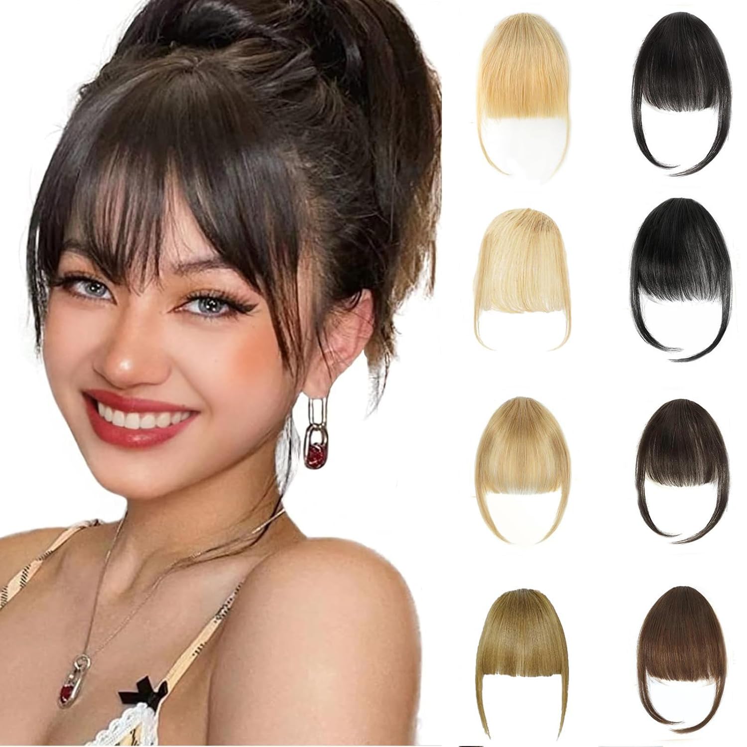 Alaleibaby Clip In Fringe Bangs Dark Brown 100% Real Human Hair Bangs Clip in Hair Extensions Natural curved French bangs With Temples Short Hairpieces Natural Curved French Bangs