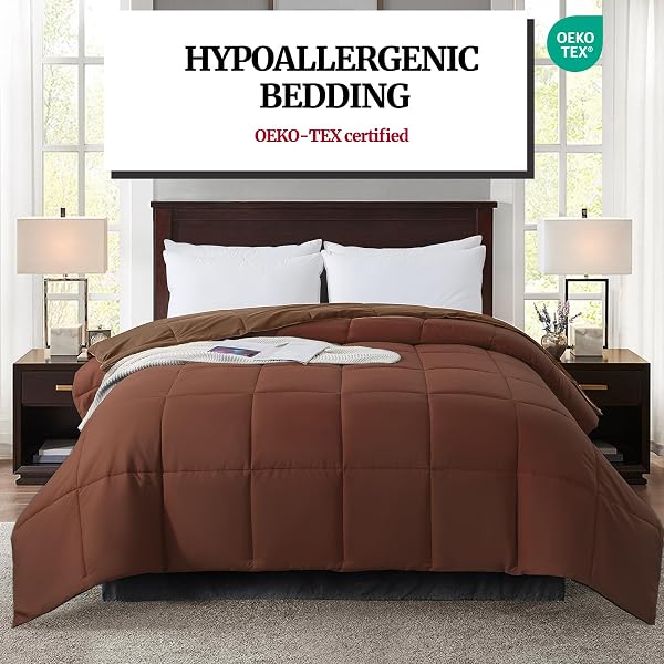 DOWN ALTERNATIVE BEDDING COMFORTER KING SIZE – ALL-SEASON SOFT REVERSIBLE MICROFIBER BEDDING COMFORTER – LIGHTWEIGHT & MACHINE WASHABLE (CHOCOLATE, KING (U.S. STANDARD))