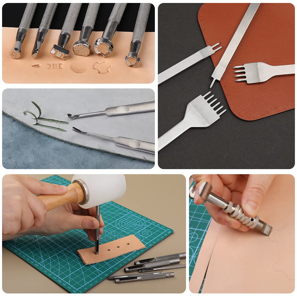 Leather Working Kit, Leather Tools, Working Tool Kits with Stamping Tools Storage Bag Cutting Mat Prong Punch Waxed Thread Stitching Groover for DIY Craft
