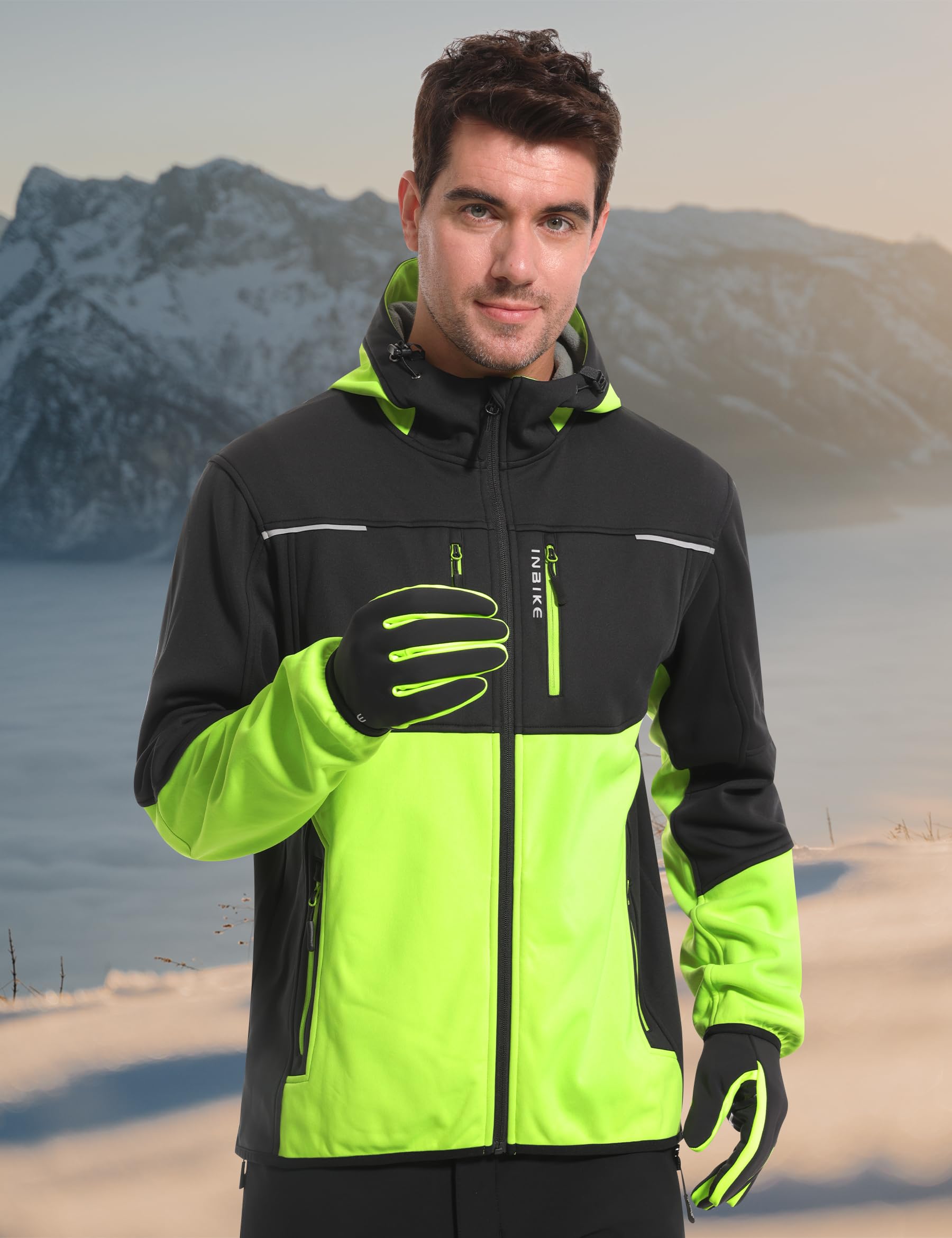INBIKE Fahrradjacke Herren Wasserdicht Softshelljacke Übergangsjacke Winter Radjacke Laufjacke Funktionsjacke Winterjacke Regenjacke Fahrrad Wanderjacke Atmungsaktiv Warm Outdoorjacke Grün L 2