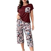 SHENHE Women's Capri Pajama Sets 2 Piece Short Sleeve Sleepwear Tropical Print Summer Pjs Lounge Set