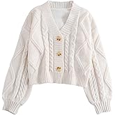 OYOANGLE Girl's Cable Knit Cardigan Sweaters Bishop Long Sleeve Button Down Knit Sweater Outerwear