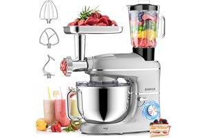 Stand Mixer, BABROUN 6 IN 1 Multifunctional Electric Kitchen Mixer with 6.5QT Stainless Steel Bowl, 1.5L Glass Jar, Meat Grinder, Dough Hook, Whisk, Beater, 6 Speeds Food Mixer for Baking Mixing