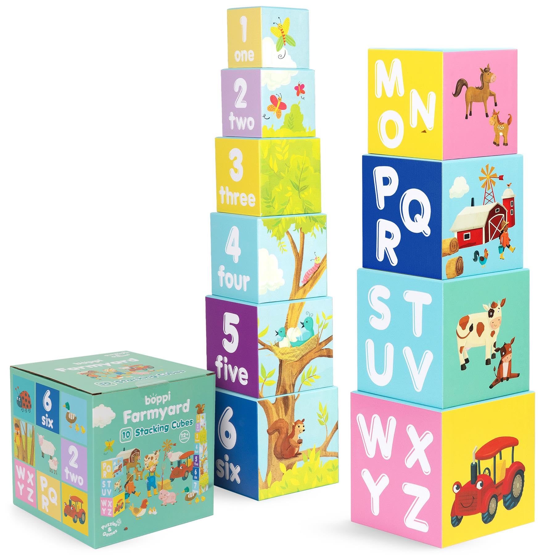 boppi Stacking Blocks Farmyard Animal Toddler Toys with Letters and Numbers, Montessori/Educational Toy Cubes for Toddlers, Preschool Learning Baby Toy