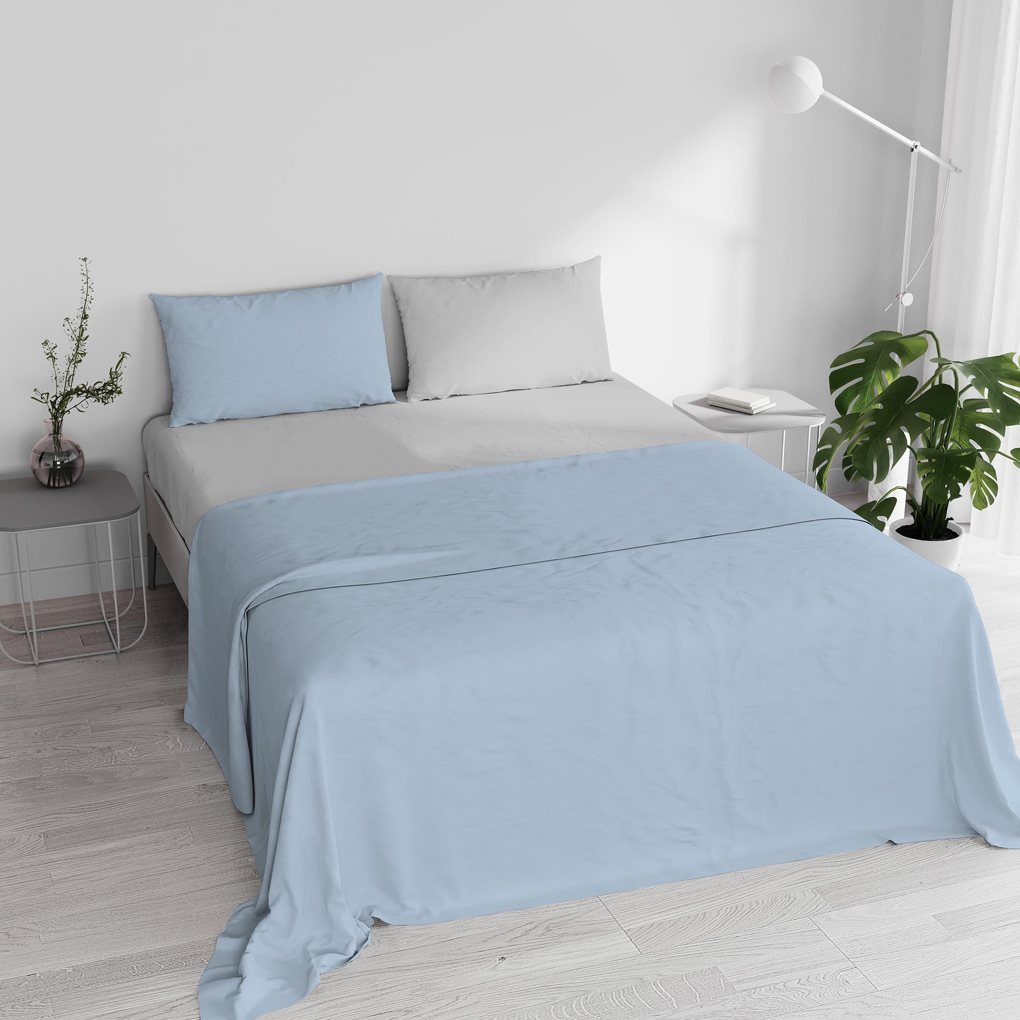 Italian Bed Linen “ Natural Color” Bed Linen Set, Light Blue/Light Gray, Double
