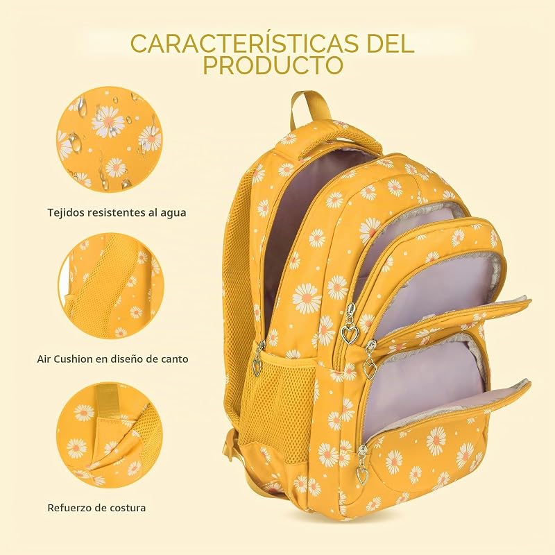 Mochila escolar para raparigas, adolescentes, mulheres, mochila escolar, conjunto de mochila escolar para raparigas, escola, tempo livre, com saco e mala para almoço, amarela, mochila para crianças — foto 6 de 8