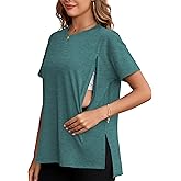 Ecavus Women's Oversized Nursing Shirts for Breastfeeding with Hidden Zipper Short Sleeves Side Splits Maternity Tops