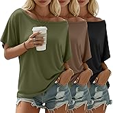 Riyiper 3 Pack Women's Off the Shoulder Shirts, Loose Fit Flowy Tops Short Sleeve Casual Summer Tshirt Athletic Workout Tunic