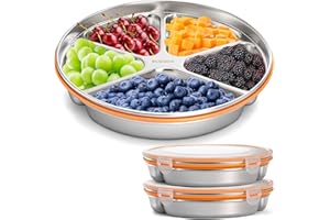 YOUEON 2 Pack Stainless Steel Divided Serving Tray with Lid, 5 Compartments Round Veggie Tray Snack Box, Reusable Sectioned F