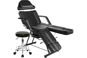 KIIUMI Tattoo Facial Chair for Client, Adjustable Black Lash Facial Esthetician Bed for Artist with Split Legs Design, Professional Beauty Massage Spa Table with 2-Tray & Rolling Stool (Black)