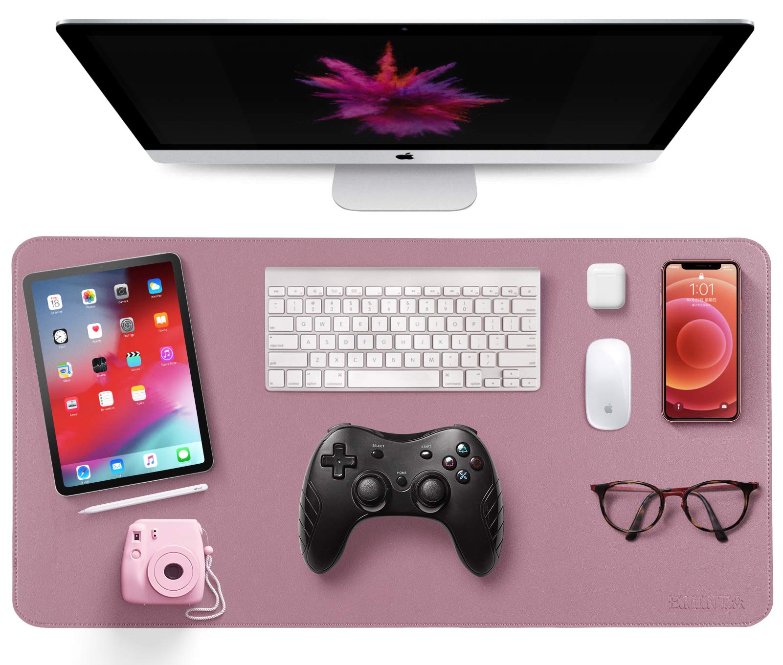 EMINTA Multifunctional Desk Pad Mat with Sewing Edge, Waterproof PU Leather Large Desk Blotter Mouse Pad Writing Pad for Office and Home, Dual-Sided (Purple/Pink, 80cm x 40cm)