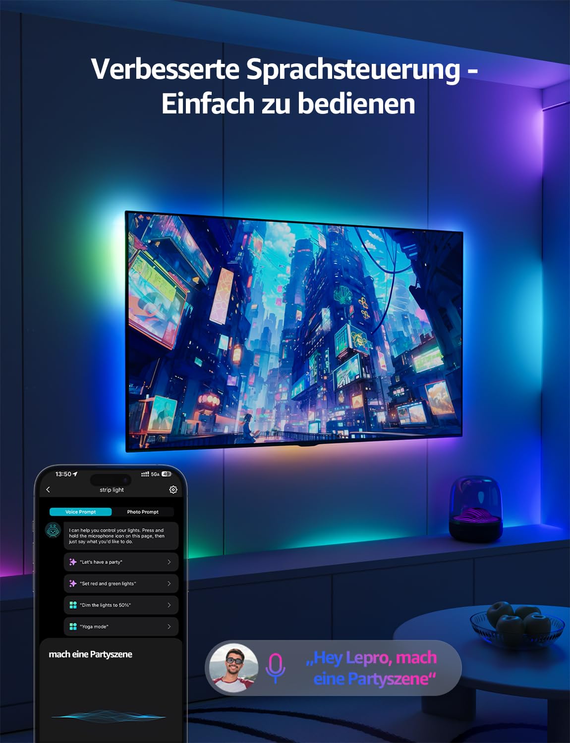 Lepro AI LED Streifen S2, 5M RGBCW LED Strip mit echtem Weißlicht, MagicColor RGBIC, Personalisierter KI-Lichtdesigner, Musik-Sync, Kompatibel mit Alexa & Google Assistant für Gaming & Ambiente 3