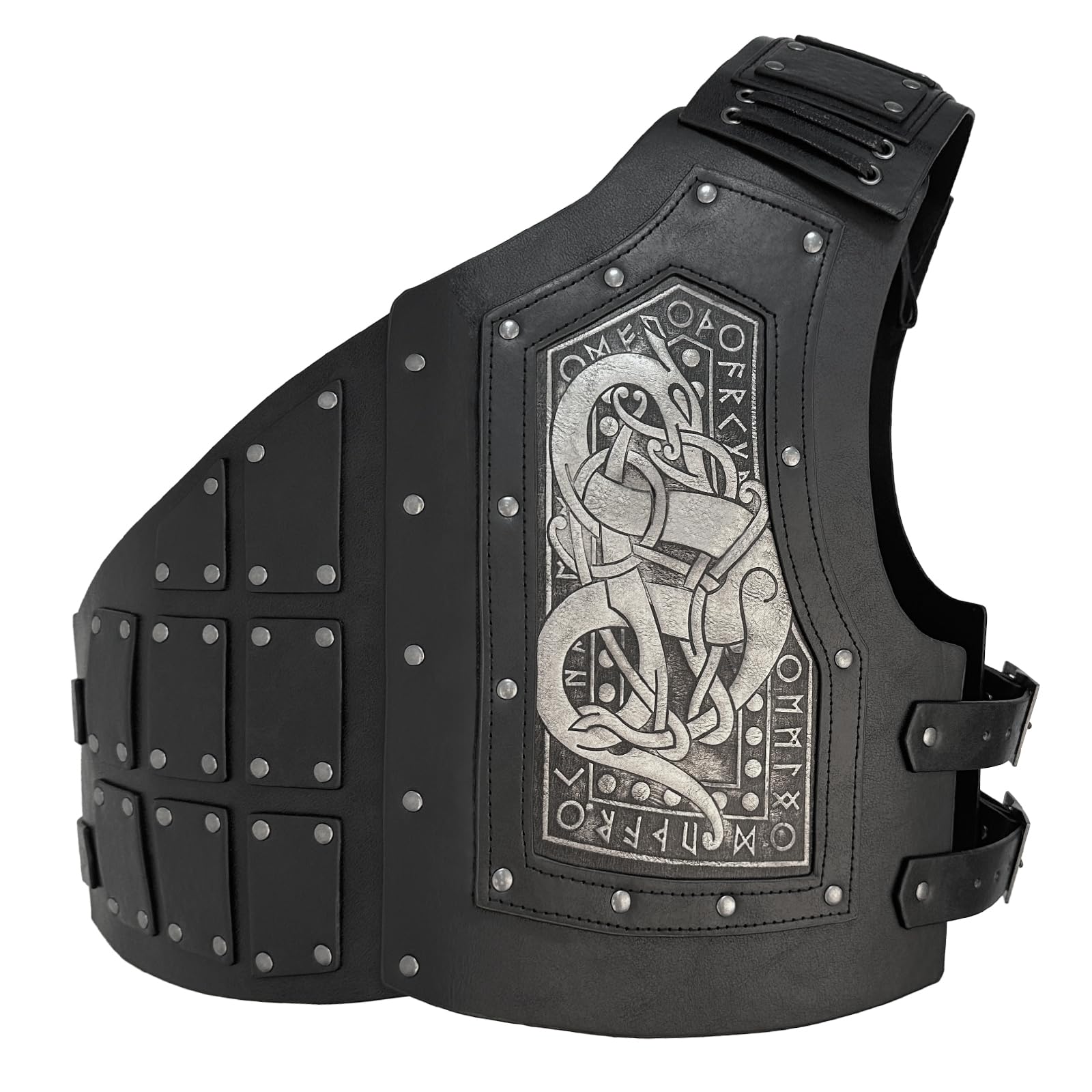 HiiFeuer Viking Embossed Dragon Faux Leather Chest Armor, Medieval Vintage Mercenary Adjustable Vest Armour Knight Body Armor (Black A)