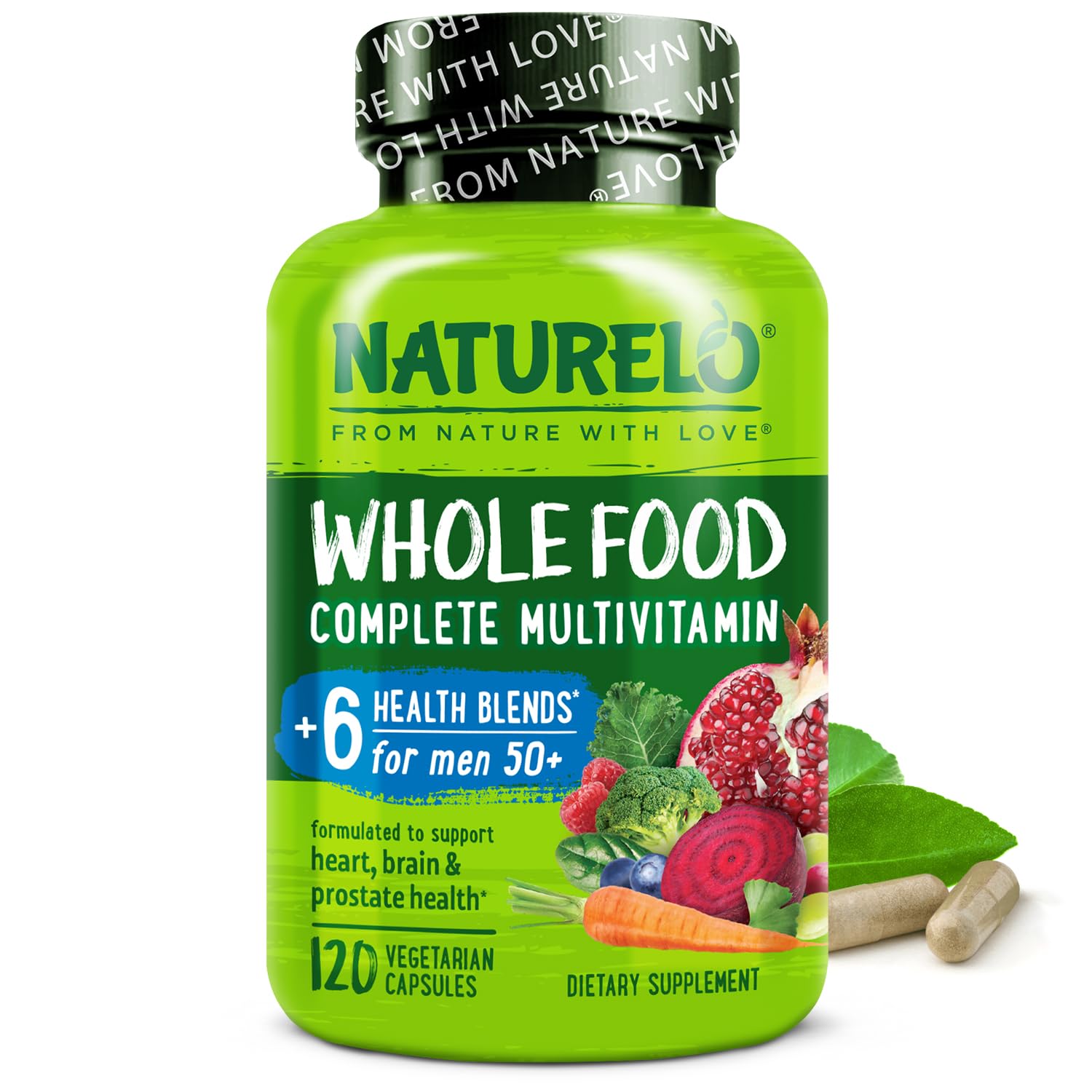 NATURELO Whole Food Multivitamin for Men 50+ - with Vitamins, Minerals, Organic Herbal Extracts - Vegan Vegetarian - for Energy, Brain, Heart and Eye Health - 120 Capsules