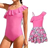 swimsobo Girls Swimsuit with Pad Size 9-16 One Piece Teen Bathing Suit Solid Color Swimwear with Skirt