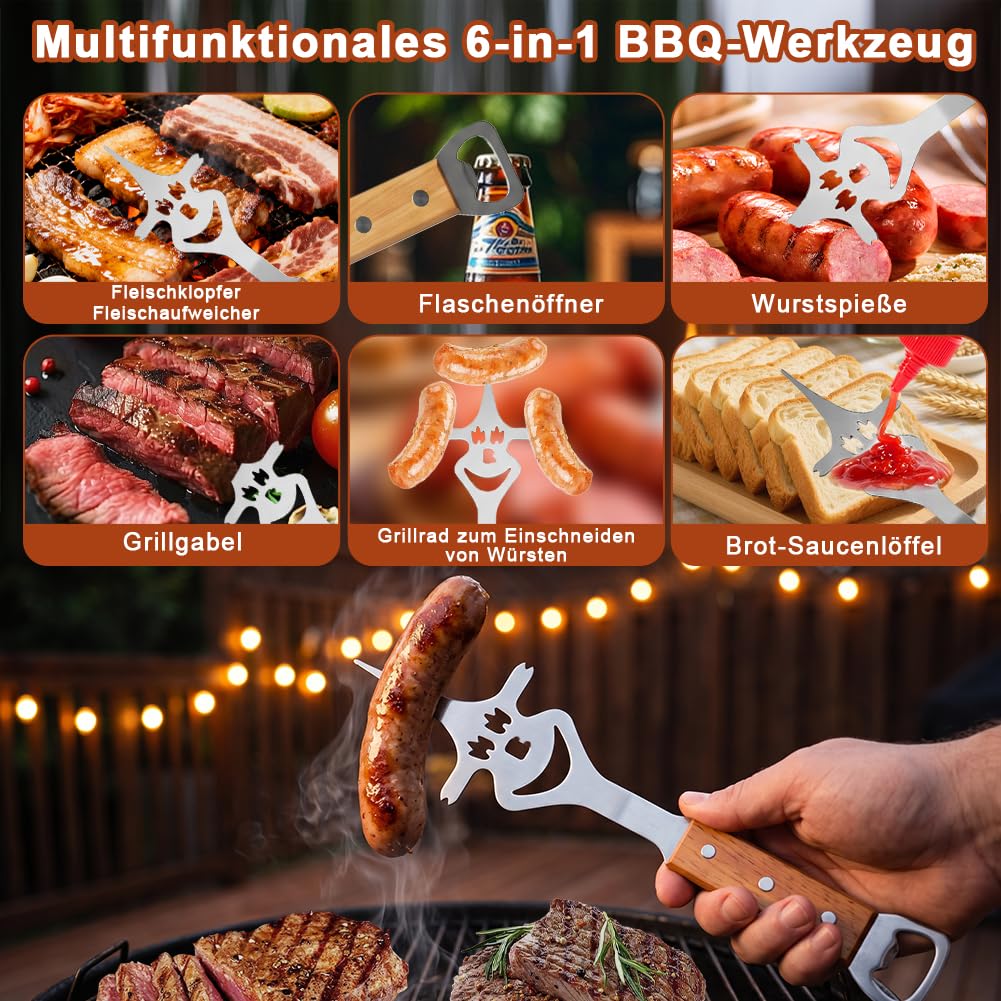 7-in-1 Grillbesteck Set Edelstahl, Multifunktionales Grillspachtel mit Grillzange und Grillgabel, BBQ Grill Zubehör, Kreativer Grillzubehör Männer Geschenk, Grill Geschenke für Männer/Frauen/Eltern 6