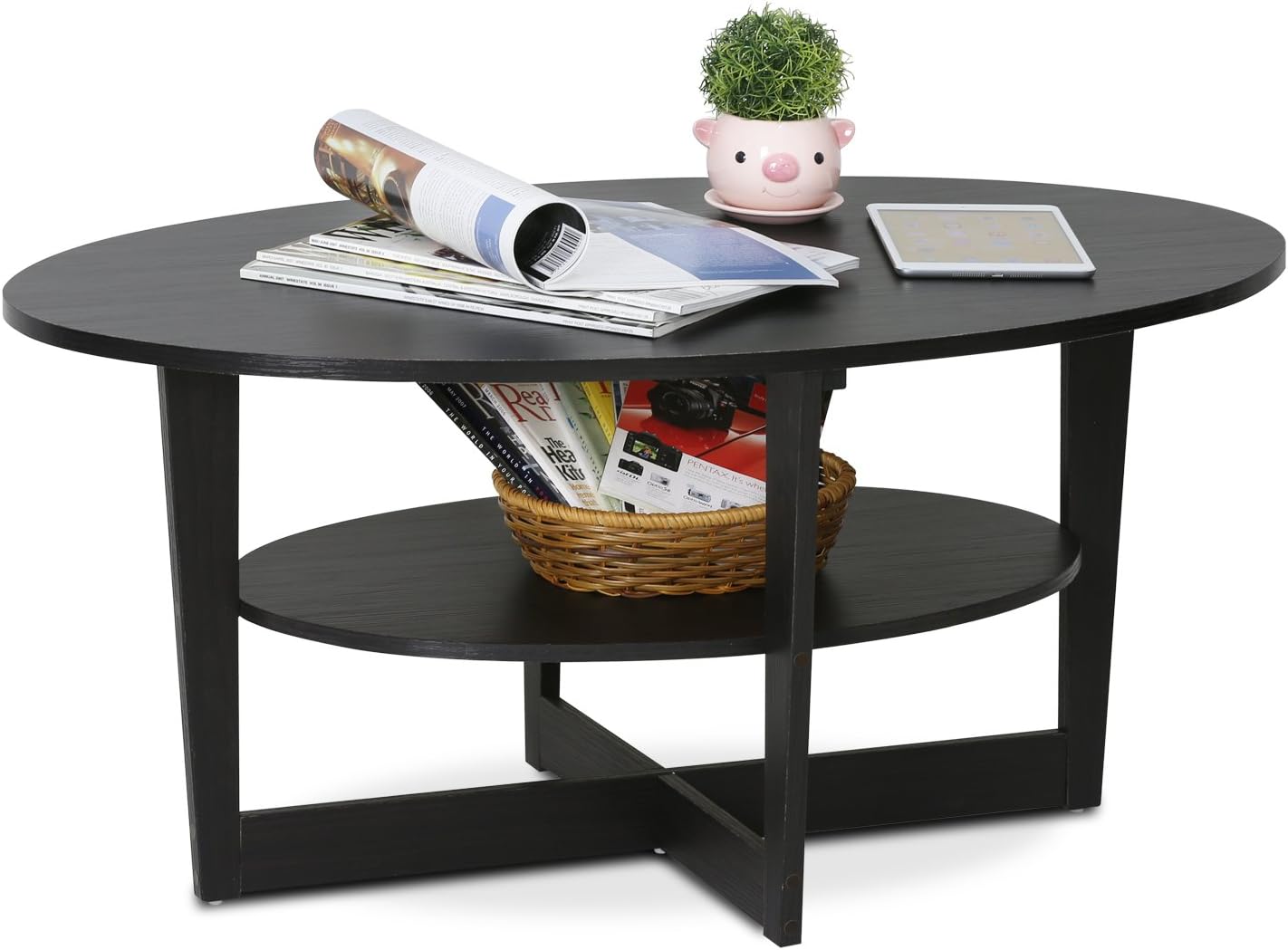 Furinno JAYA Coffee Table, 2-Tier Round Modern Coffee Table with Oval Tabletop, Side Table with Open Shelf - Image 4