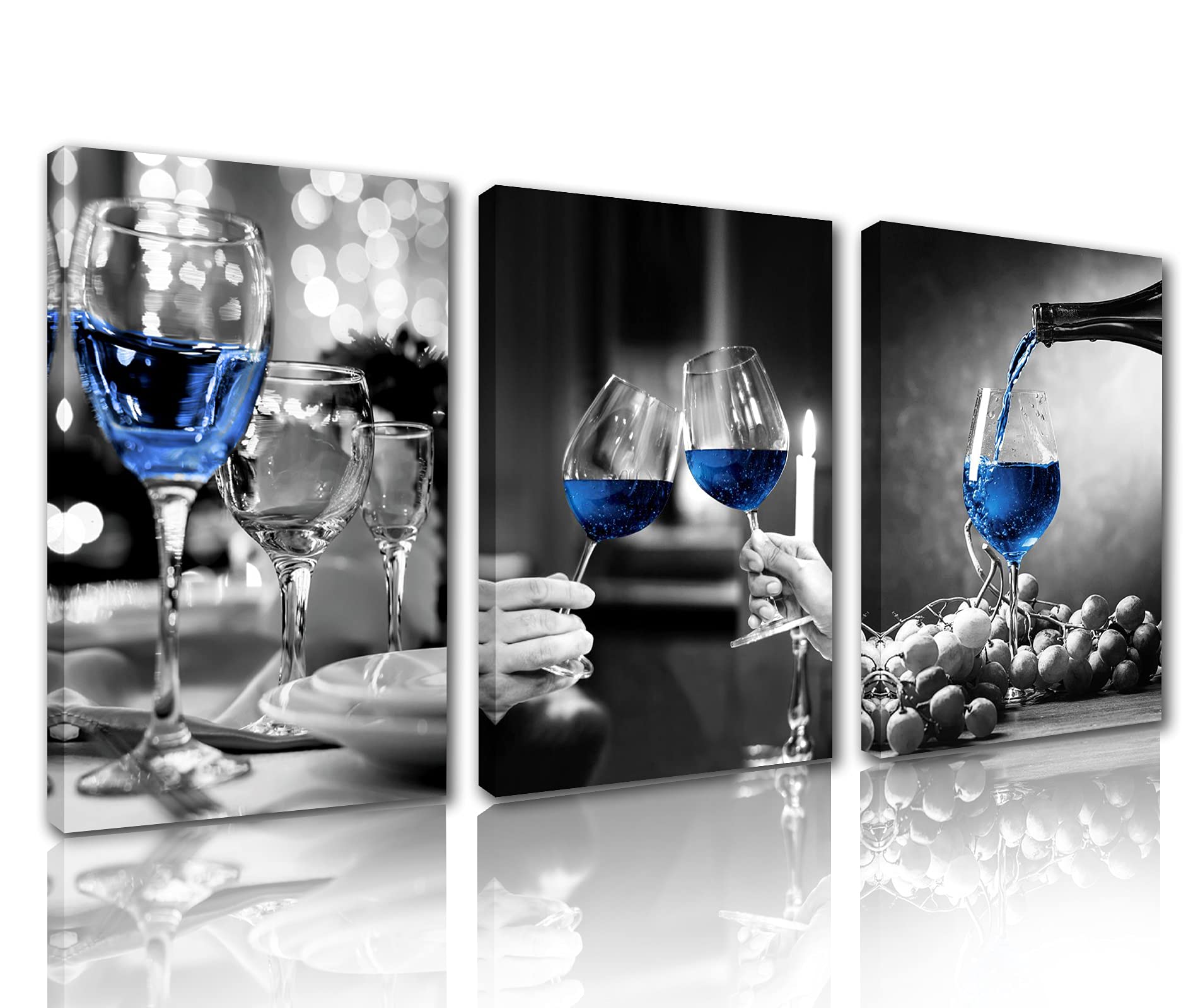 Tucocoo Contemporary Wall Art Black & White Pictures Blue Wine Glass Canvas 3 Pcs/Multi Panel Canvas Modern Artwork DecorBar Dining Room Wooden Framed Ready to Hang(42x20 Inch),Small-42''x20''