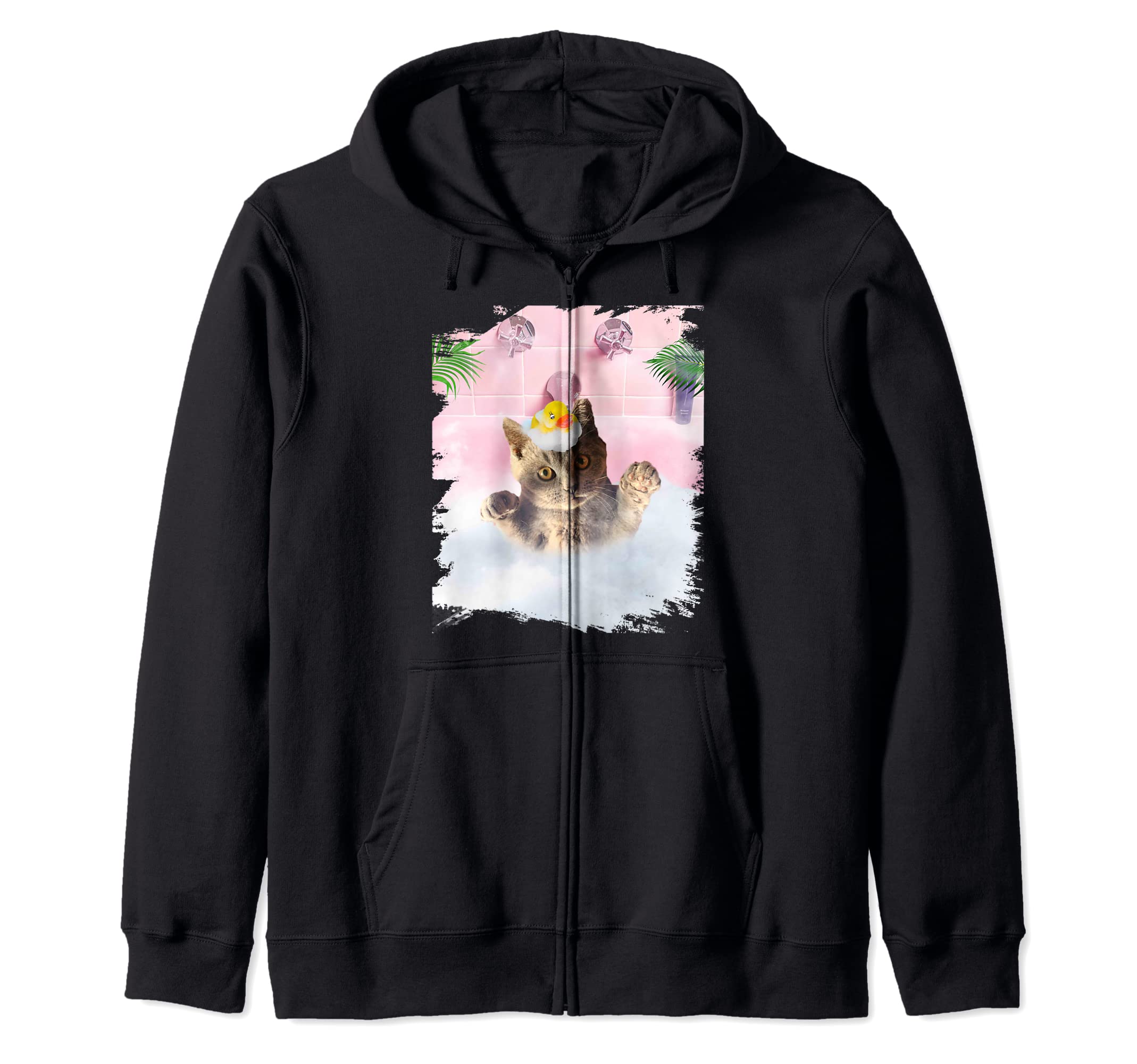 Cute Self-Care Bathing Kitty Cat Palm Bath Zip Hoodie