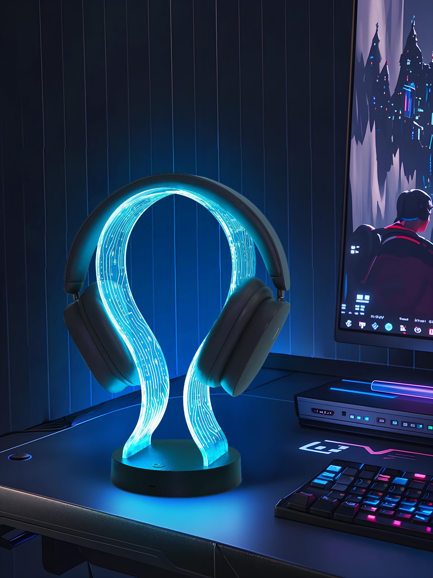 CoolGift Mart Beleuchteter Kopfhörerständer mit 16 Farbe Lichter, PCB-Muster Acryl Kopfhörer Stand mit 1 USB und 1 Typ-C Ladeanschlüsse, Geschenke für Gamer Männer und Musikliebhaber 7