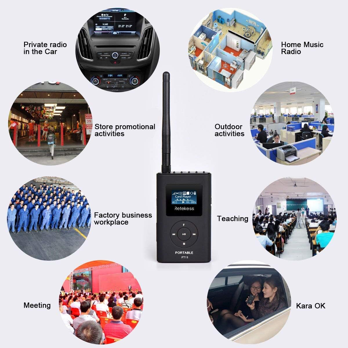 Retekess FT11 0.3W Portable FM Transmitter,Mini Radio Stereo Station,Support TF Card and AUX Input,2000mAh Rechargeable FM Broadcast Transmitter for Drive-in Church School Tour Guide Home Outdoor: Musical Instruments