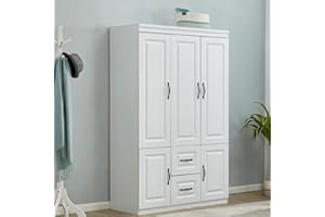 Idealcabin Wardrobe Closet with 3 Doors Armoire Wardrobe Cabinet Closets White Storage Closet Cabinet, Bedroom Armoires Wood Closet with Hanging Rod 2 Drawers Shelves(20.5" D x 47.2" W x 74.0" H)