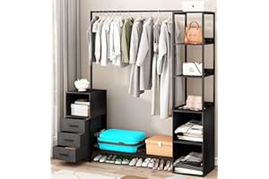 RUPOLX Heavy Duty Clothes Rack for Hanging Clothes, Free Standing Clothing Rack with 7-Tier Shelves, Closet Garment Rack with 3 Drawers, Wardrobe Hanger Rack