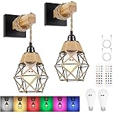 FRIDEKO HOME Farmhouse Rustic Wall Sconces, Battery Operated Set of Two, Rattan Dimmable Wireless Rechargeable Wall Lamp with