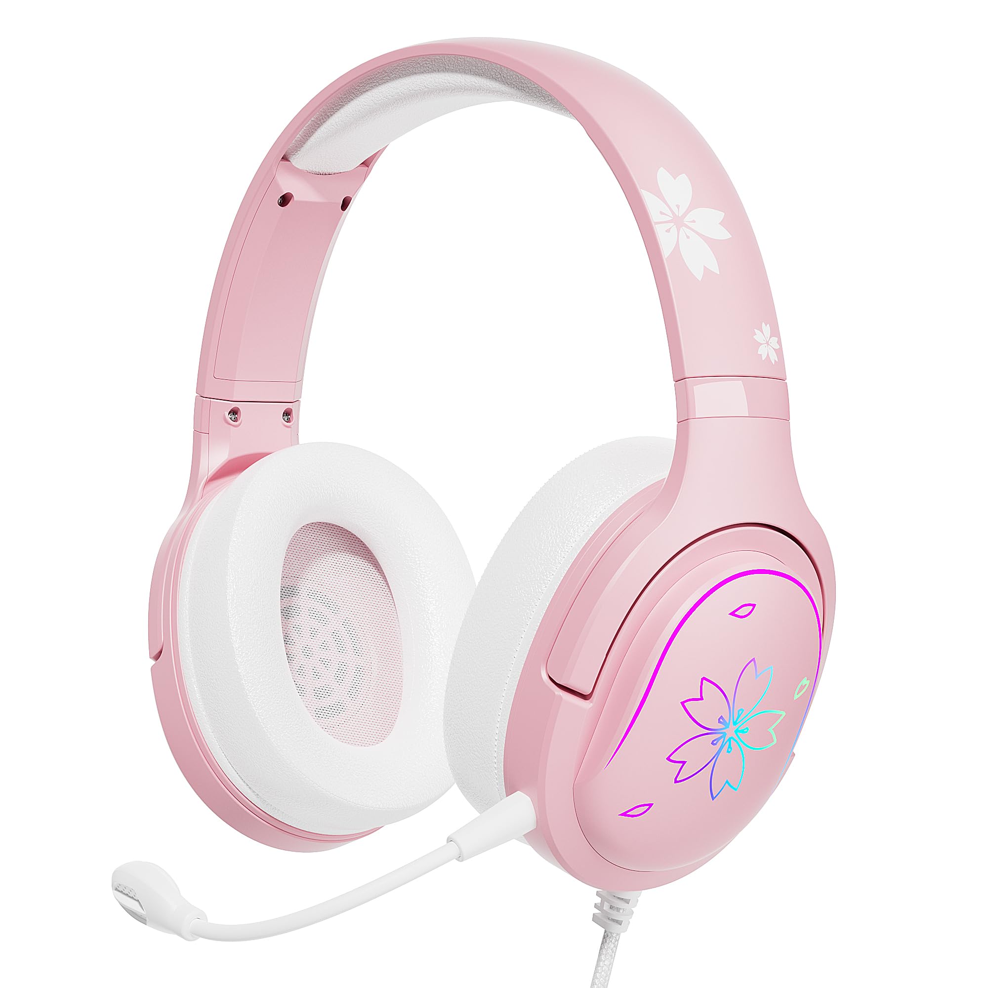 Mytrix Cherry Blossoms Wired Gaming Headset, 360° Rotation Mic, Soft Earmuff Gaming Headphones for PS4, PS5, PC & MAC, Switch, RGB Gradient Light Effect