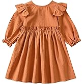 Goodplayer Toddler Girl Cotton Linen Dress Long Sleeve Ruffle Fall Dress Kids Solid Dresses Casual Clothes