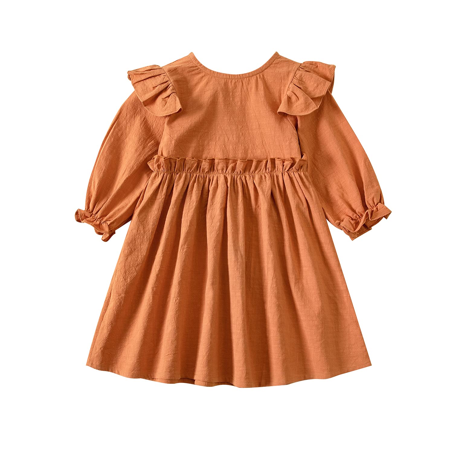 Photo 1 of ***MINOR STAINS*** Goodplayer Toddler Girl Cotton Linen Dress Long Sleeve Ruffle Fall Dress Kids Solid Dresses Casual Clothes ?12-24 Monthes,Caramel Dresses?