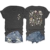 Wrenpies Vintage Floral Flower Shirts for Women Boho Wildflowers Graphic Tees Cute Botanical Tshirt Garden Lover Tops