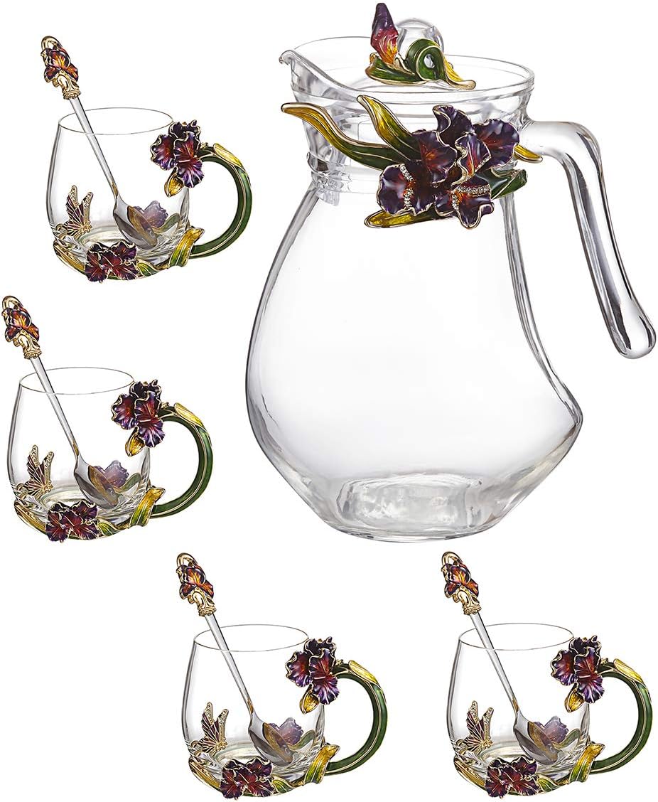Tea Mug Set of 5, Crystal Tea Cup Coffee Mug Set 4x 11oz Tea Mugs 1x 45oz Water Kettle with Enamels