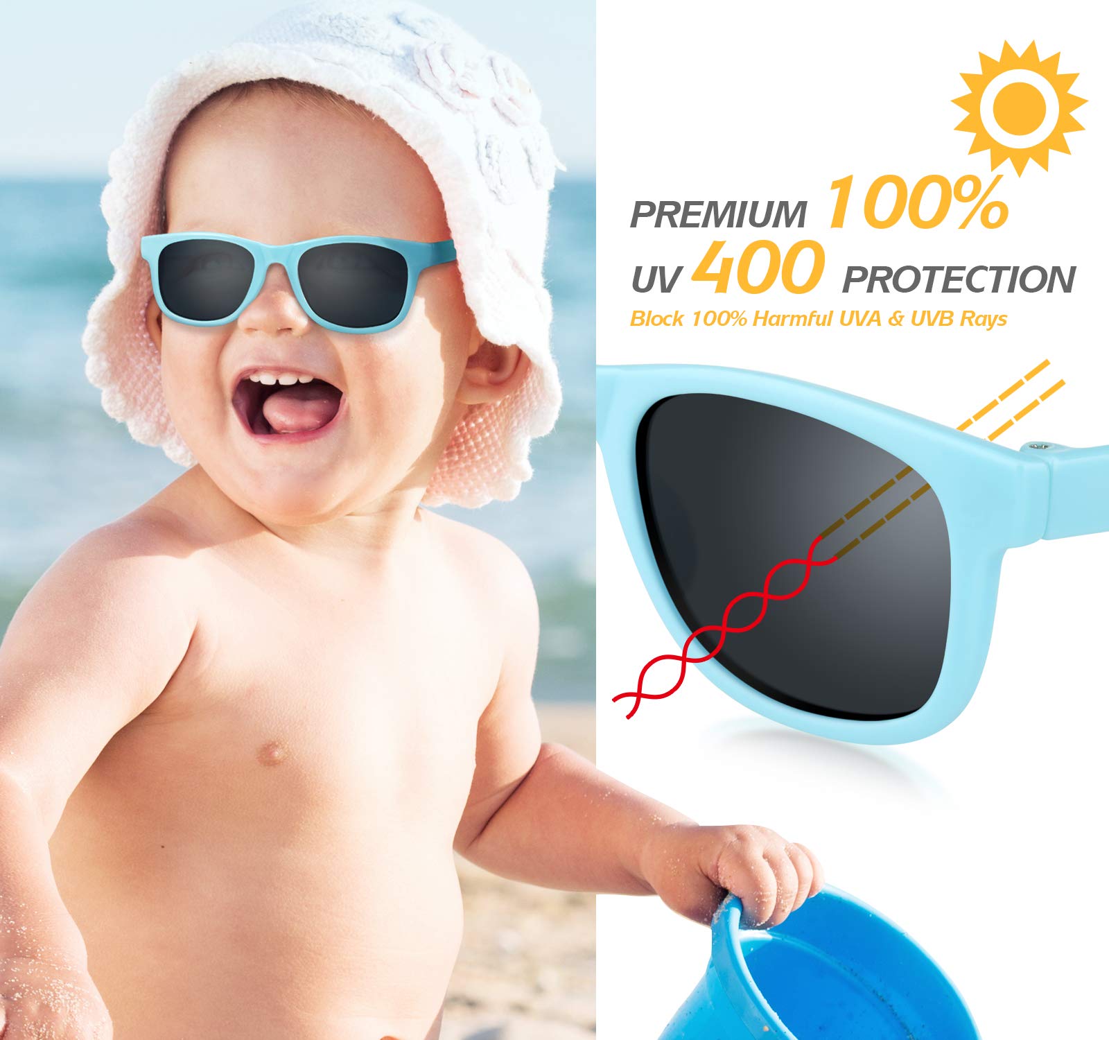 Nacuwa Baby Sunglasses - 100% UV Proof Sunglasses for Baby, Toddler, Kids - Ages 0-2 Years - Case and Pouch included
