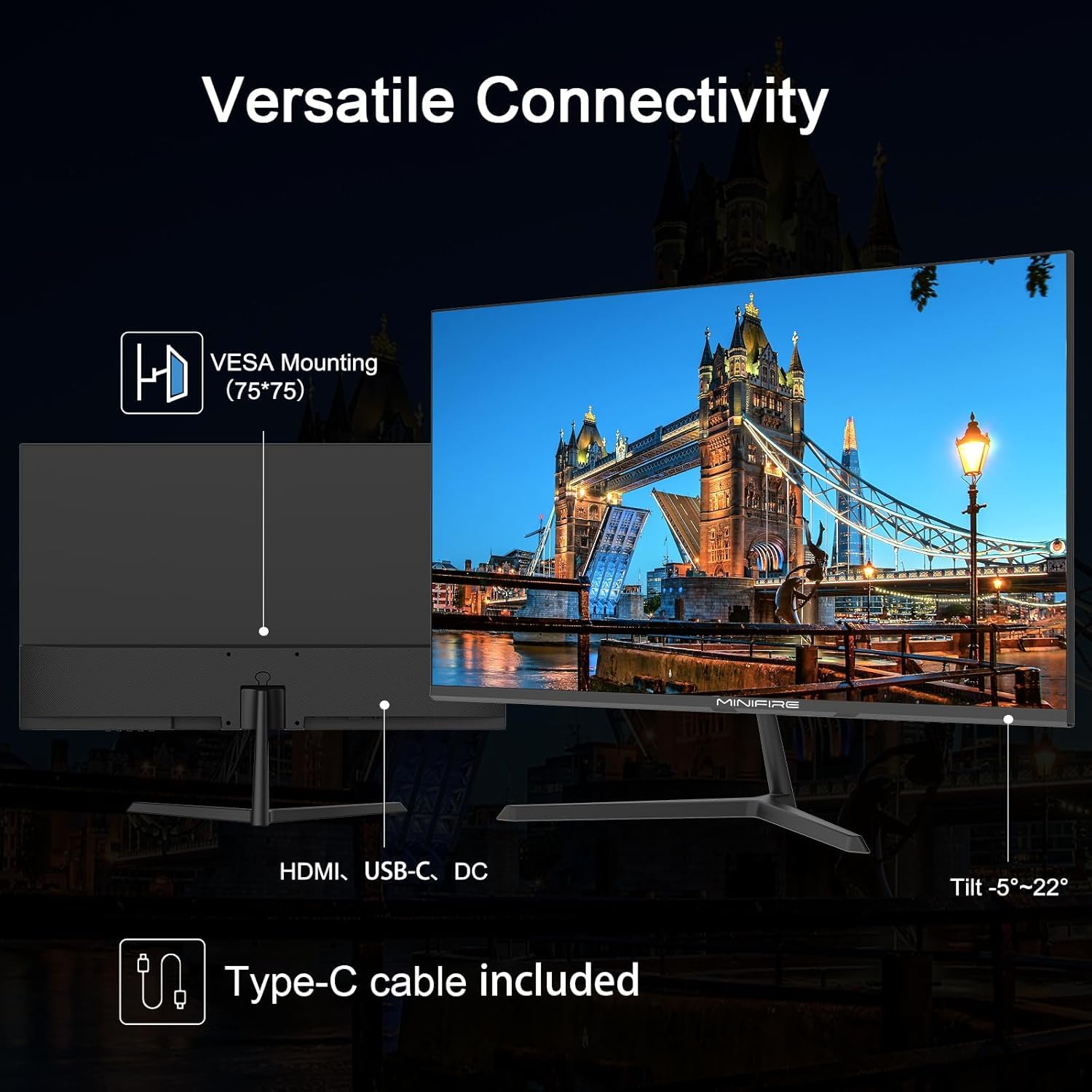 Minifire 24-Inch Business Monitor, 1920X1080 Full Hd, 100Hz, Fast Va Flat Panel, 4000:1 High Contrast Ratio Pc Screen, 75% Dci-P3, Hdr, 8 Bits, Usb-C&Amp;Hdmi 1.4, Vesa 75X75Mm (Mf24X3Al) - View 7