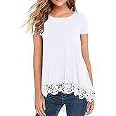 RAGEMALL Women's Tops Short Sleeve Lace Trim O-Neck A-Line Tunic Blouse Tops for Women