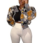 BQDCQB Womens Cropped Floral Print Jacket Warm Fleece Bomber Jacket Casual Button Down Coats Fall Puff Outerwears