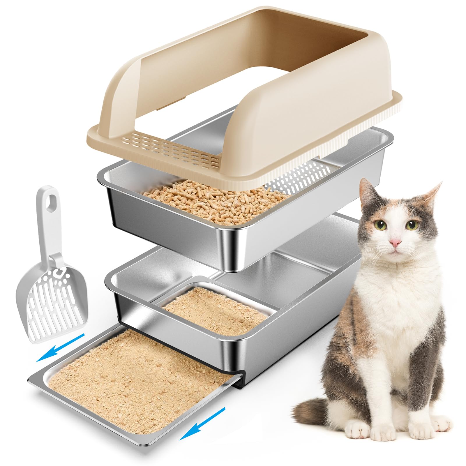 View 1 of 23.6"x16"x12" Stainless Steel Sifting Litter Box with Lid, XL Sifting Litter Box for Pine Pellets Less Tracking, High Sides Metal Litter Tray with Removable Drawer Pan, Anti-Leakage, Easy Cleaning